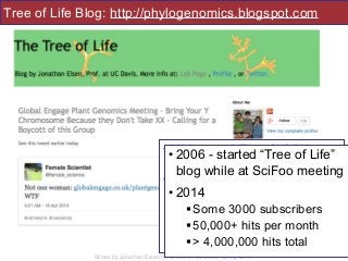 Slides by Jonathan Eisen for BIS2C at UC Davis Spring 2014 6
• 2006 - started “Tree of Life” blog
while at SciFoo meeting
• 2014
!Some 3000 subscribers
!50,000+ hits per month
!> 4,000,000 hits total
!Routine citations / references in
popular and scholarly literature
• 2006 - started “Tree of Life”
blog while at SciFoo meeting
• 2014
!Some 3000 subscribers
!50,000+ hits per month
!> 4,000,000 hits total
Tree of Life Blog: http://phylogenomics.blogspot.com
 