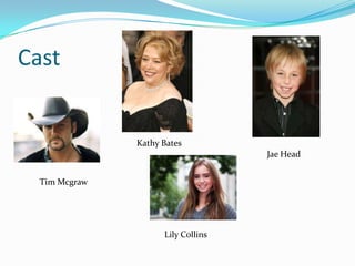 Cast


               Kathy Bates
                                    Jae Head


  Tim Mcgraw




                     Lily Collins
 