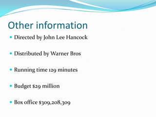 Other information
 Directed by John Lee Hancock


 Distributed by Warner Bros


 Running time 129 minutes


 Budget $29 million


 Box office $309,208,309
 