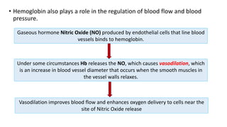 • Hemoglobin also plays a role in the regulation of blood flow and blood
pressure.
Gaseous hormone Nitric Oxide (NO) produced by endothelial cells that line blood
vessels binds to hemoglobin.
Under some circumstances Hb releases the NO, which causes vasodilation, which
is an increase in blood vessel diameter that occurs when the smooth muscles in
the vessel walls relaxes.
Vasodilation improves blood flow and enhances oxygen delivery to cells near the
site of Nitric Oxide release
 