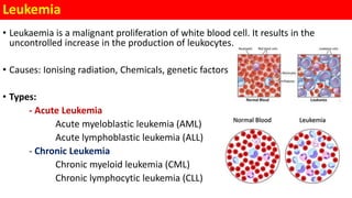 Leukemia
• Leukaemia is a malignant proliferation of white blood cell. It results in the
uncontrolled increase in the production of leukocytes.
• Causes: Ionising radiation, Chemicals, genetic factors
• Types:
- Acute Leukemia
Acute myeloblastic leukemia (AML)
Acute lymphoblastic leukemia (ALL)
- Chronic Leukemia
Chronic myeloid leukemia (CML)
Chronic lymphocytic leukemia (CLL)
 