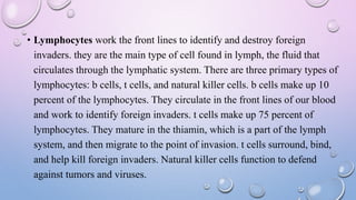 • Lymphocytes work the front lines to identify and destroy foreign
invaders. they are the main type of cell found in lymph...