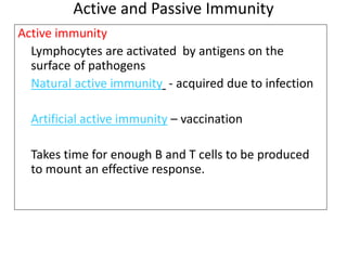 Active and Passive Immunity 
Active immunity 
Lymphocytes are activated by antigens on the 
surface of pathogens 
Natural active immunity - acquired due to infection 
Artificial active immunity – vaccination 
Takes time for enough B and T cells to be produced 
to mount an effective response. 
 
