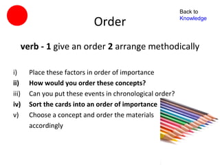 Back to

                            Order                         Knowledge




   verb - 1 give an order 2 arrange methodically

i)     Place these factors in order of importance
ii)    How would you order these concepts?
iii)   Can you put these events in chronological order?
iv)    Sort the cards into an order of importance
v)     Choose a concept and order the materials
       accordingly
 