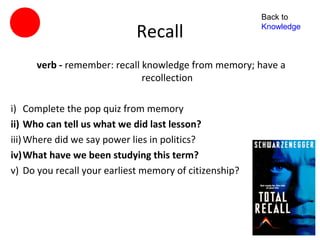 Back to

                             Recall                     Knowledge



      verb - remember: recall knowledge from memory; have a
                              recollection

i) Complete the pop quiz from memory
ii) Who can tell us what we did last lesson?
iii) Where did we say power lies in politics?
iv)What have we been studying this term?
v) Do you recall your earliest memory of citizenship?
 