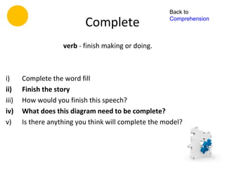 Back to

                           Complete                   Comprehension



                    verb - finish making or doing.



i)     Complete the word fill
ii)    Finish the story
iii)   How would you finish this speech?
iv)    What does this diagram need to be complete?
v)     Is there anything you think will complete the model?
 