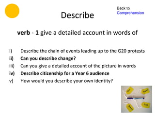 Back to

                           Describe                  Comprehension




       verb - 1 give a detailed account in words of

i)      Describe the chain of events leading up to the G20 protests
ii)     Can you describe change?
iii)    Can you give a detailed account of the picture in words
iv)     Describe citizenship for a Year 6 audience
v)      How would you describe your own identity?
 