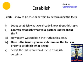 Back to

                      Establish                Comprehension



 verb - show to be true or certain by determining the facts

i)   Let us establish what we already know about this topic
ii)  Can you establish what your partner knows about
     this?
iii) How might we establish the truth in this case?
iv) Here is the issue – you must determine the facts in
     order to establish what is true
v) Select the facts you would use to establish
     certainty
 