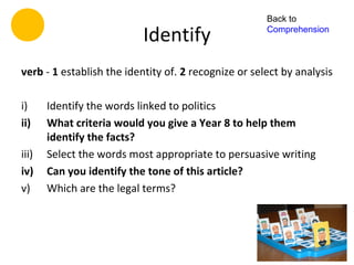 Back to

                           Identify                   Comprehension



verb - 1 establish the identity of. 2 recognize or select by analysis

i)     Identify the words linked to politics
ii)    What criteria would you give a Year 8 to help them
       identify the facts?
iii)   Select the words most appropriate to persuasive writing
iv)    Can you identify the tone of this article?
v)     Which are the legal terms?
 