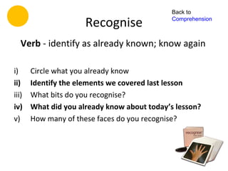 Back to

                      Recognise              Comprehension



   Verb - identify as already known; know again

i)     Circle what you already know
ii)    Identify the elements we covered last lesson
iii)   What bits do you recognise?
iv)    What did you already know about today’s lesson?
v)     How many of these faces do you recognise?
 