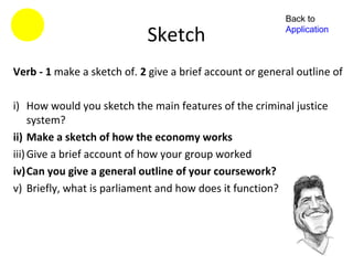 Back to

                            Sketch                        Application



Verb - 1 make a sketch of. 2 give a brief account or general outline of

i) How would you sketch the main features of the criminal justice
     system?
ii) Make a sketch of how the economy works
iii) Give a brief account of how your group worked
iv)Can you give a general outline of your coursework?
v) Briefly, what is parliament and how does it function?
 