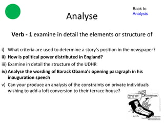 Back to

                               Analyse                         Analysis




    Verb - 1 examine in detail the elements or structure of

i) What criteria are used to determine a story’s position in the newspaper?
ii) How is political power distributed in England?
iii) Examine in detail the structure of the UDHR
iv) Analyse the wording of Barack Obama’s opening paragraph in his
     inauguration speech
v) Can your produce an analysis of the constraints on private individuals
     wishing to add a loft conversion to their terrace house?
 