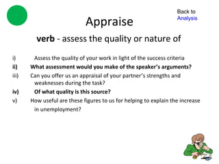 Back to

                             Appraise                              Analysis


         verb - assess the quality or nature of
i)      Assess the quality of your work in light of the success criteria
ii)    What assessment would you make of the speaker’s arguments?
iii)   Can you offer us an appraisal of your partner’s strengths and
        weaknesses during the task?
iv)     Of what quality is this source?
v)     How useful are these figures to us for helping to explain the increase
        in unemployment?
 