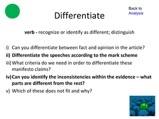 Back to

                      Differentiate                        Analysis



        verb - recognize or identify as different; distinguish

i) Can you differentiate between fact and opinion in the article?
ii) Differentiate the speeches according to the mark scheme
iii) What criteria do we need in order to differentiate these
     manifesto claims?
iv)Can you identify the inconsistencies within the evidence – what
     parts are different from the rest?
v) Which of these does not fit and why?
 