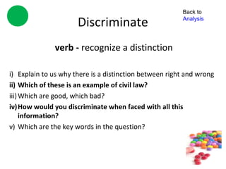 Back to

                      Discriminate                      Analysis




              verb - recognize a distinction

i) Explain to us why there is a distinction between right and wrong
ii) Which of these is an example of civil law?
iii) Which are good, which bad?
iv)How would you discriminate when faced with all this
     information?
v) Which are the key words in the question?
 