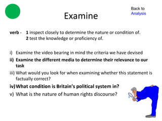 Back to

                          Examine                           Analysis



verb - 1 inspect closely to determine the nature or condition of.
       2 test the knowledge or proficiency of.

i) Examine the video bearing in mind the criteria we have devised
ii) Examine the different media to determine their relevance to our
     task
iii) What would you look for when examining whether this statement is
     factually correct?
iv)What condition is Britain’s political system in?
v) What is the nature of human rights discourse?
 