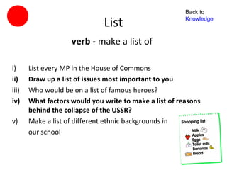 Back to

                              List                      Knowledge



                    verb - make a list of

i)     List every MP in the House of Commons
ii)    Draw up a list of issues most important to you
iii)   Who would be on a list of famous heroes?
iv)    What factors would you write to make a list of reasons
       behind the collapse of the USSR?
v)     Make a list of different ethnic backgrounds in
       our school
 