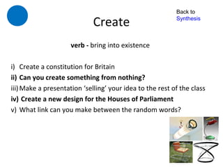 Back to

                             Create                       Synthesis



                     verb - bring into existence

i) Create a constitution for Britain
ii) Can you create something from nothing?
iii) Make a presentation ‘selling’ your idea to the rest of the class
iv) Create a new design for the Houses of Parliament
v) What link can you make between the random words?
 
