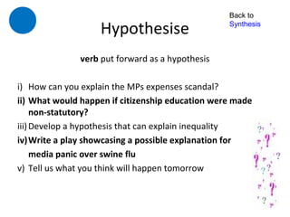 Back to

                    Hypothesise                   Synthesis



               verb put forward as a hypothesis

i) How can you explain the MPs expenses scandal?
ii) What would happen if citizenship education were made
     non-statutory?
iii) Develop a hypothesis that can explain inequality
iv)Write a play showcasing a possible explanation for
     media panic over swine flu
v) Tell us what you think will happen tomorrow
 