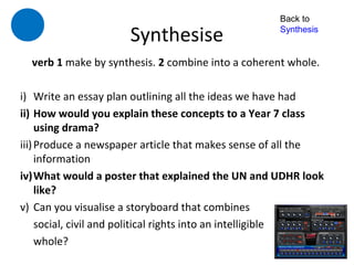 Back to

                     Synthesise                     Synthesis


  verb 1 make by synthesis. 2 combine into a coherent whole.

i) Write an essay plan outlining all the ideas we have had
ii) How would you explain these concepts to a Year 7 class
     using drama?
iii) Produce a newspaper article that makes sense of all the
     information
iv)What would a poster that explained the UN and UDHR look
     like?
v) Can you visualise a storyboard that combines
     social, civil and political rights into an intelligible
     whole?
 