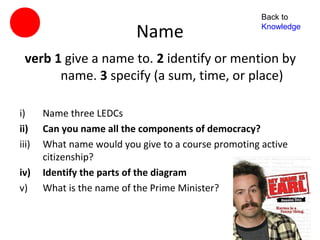 Back to

                           Name                       Knowledge



 verb 1 give a name to. 2 identify or mention by
       name. 3 specify (a sum, time, or place)

i)     Name three LEDCs
ii)    Can you name all the components of democracy?
iii)   What name would you give to a course promoting active
       citizenship?
iv)    Identify the parts of the diagram
v)     What is the name of the Prime Minister?
 