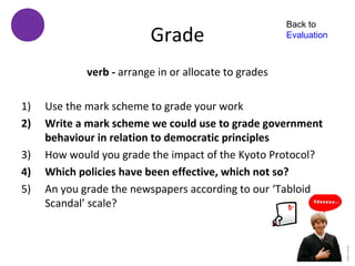 Back to
                         Grade                        Evaluation



            verb - arrange in or allocate to grades

1)   Use the mark scheme to grade your work
2)   Write a mark scheme we could use to grade government
     behaviour in relation to democratic principles
3)   How would you grade the impact of the Kyoto Protocol?
4)   Which policies have been effective, which not so?
5)   An you grade the newspapers according to our ‘Tabloid
     Scandal’ scale?
 