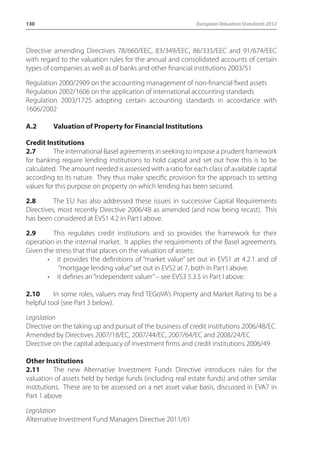 130 European Valuation Standards 2012 
Directive amending Directives 78/660/EEC, 83/349/EEC, 86/335/EEC and 91/674/EEC 
with regard to the valuation rules for the annual and consolidated accounts of certain 
types of companies as well as of banks and other financial institutions 2003/51 
Regulation 2000/2909 on the accounting management of non-financial fixed assets 
Regulation 2002/1606 on the application of international accounting standards 
Regulation 2003/1725 adopting certain accounting standards in accordance with 
1606/2002 
A.2 Valuation of Property for Financial Institutions 
Credit Institutions 
2.7 The international Basel agreements in seeking to impose a prudent framework 
for banking require lending institutions to hold capital and set out how this is to be 
calculated. The amount needed is assessed with a ratio for each class of available capital 
according to its nature. They thus make specific provision for the approach to setting 
values for this purpose on property on which lending has been secured. 
2.8 The EU has also addressed these issues in successive Capital Requirements 
Directives, most recently Directive 2006/48 as amended (and now being recast). This 
has been considered at EVS1 4.2 in Part I above. 
2.9 This regulates credit institutions and so provides the framework for their 
operation in the internal market. It applies the requirements of the Basel agreements. 
Given the stress that that places on the valuation of assets: 
• it provides the definitions of “market value” set out in EVS1 at 4.2.1 and of 
“mortgage lending value” set out in EVS2 at 7, both in Part I above. 
• it defines an “independent valuer” – see EVS3 5.3.5 in Part I above. 
2.10 In some roles, valuers may find TEGoVA’s Property and Market Rating to be a 
helpful tool (see Part 3 below). 
Legislation 
Directive on the taking up and pursuit of the business of credit institutions 2006/48/EC 
Amended by Directives 2007/18/EC, 2007/44/EC, 2007/64/EC and 2008/24/EC 
Directive on the capital adequacy of investment firms and credit institutions 2006/49 
Other Institutions 
2.11 The new Alternative Investment Funds Directive introduces rules for the 
valuation of assets held by hedge funds (including real estate funds) and other similar 
institutions. These are to be assessed on a net asset value basis, discussed in EVA7 in 
Part 1 above. 
Legislation 
Alternative Investment Fund Managers Directive 2011/61 
 