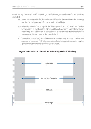 PART 3 -Other Technical Documents 193 
In calculating this area for office buildings, the following areas of each floor should be 
excluded: 
(a) those areas set aside for the provision of facilities or services to the building 
not for the exclusive use of occupiers of the building 
(b) areas set aside as public space for thoroughfares and not used exclusively 
by occupiers of the building. (Note: additional common areas that may be 
created by the subdivision of a single floor to accommodate more than one 
tenant are to be included in the calculations) 
(c) those parts of buildings such as entrance halls, landings and balconies which 
are used in common with other occupiers. In some cases, these parts may be 
apportioned between the building’s occupiers. 
Figure 2 - Illustration of Bases for Measuring Areas of Buildings 
Exterior walls 
Int. Structural Component 
Net length 
Gross length 
 