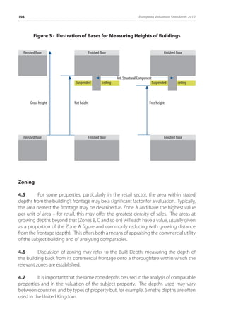 194 European Valuation Standards 2012 
Figure 3 - Illustration of Bases for Measuring Heights of Buildings 
Finished floor 
Finished floor 
Finished floor 
Int. Structural Component 
Suspended ceiling Suspended ceiling 
Gross height Net height Free height 
Finished floor 
Zoning 
Finished floor 
Finished floor 
4.5 For some properties, particularly in the retail sector, the area within stated 
depths from the building’s frontage may be a significant factor for a valuation. Typically, 
the area nearest the frontage may be described as Zone A and have the highest value 
per unit of area – for retail, this may offer the greatest density of sales. The areas at 
growing depths beyond that (Zones B, C and so on) will each have a value, usually given 
as a proportion of the Zone A figure and commonly reducing with growing distance 
from the frontage (depth). This offers both a means of appraising the commercial utility 
of the subject building and of analysing comparables. 
4.6 Discussion of zoning may refer to the Built Depth, measuring the depth of 
the building back from its commercial frontage onto a thoroughfare within which the 
relevant zones are established. 
4.7 It is important that the same zone depths be used in the analysis of comparable 
properties and in the valuation of the subject property. The depths used may vary 
between countries and by types of property but, for example, 6 metre depths are often 
used in the United Kingdom. 
 