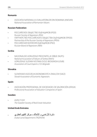 236 European Valuation Standards 2012 
Romania 
• ASOCIATIA NATIONALA A EVALUATORILOR DIN ROMANIA (ANEVAR) 
National Association of Romanian Valuers 
Russian Federation 
• РОССИЙСКОЕ ОБЩЕСТВО ОЦЕНЩИКОВ (POO) 
Russian Society of Appraisers (RSA) 
• ПАРТНЕРСТВО РОССИЙСКОГО ОБЩЕСТВА ОЦЕНЩИКОВ (ПРОО) 
Partnership of the Russian Society of Appraisers (PRSA) 
• РОССИЙСКАЯ КОЛЛЕГИЯ ОЦЕНЩИКОВ (РКО) 
Russian Board of Appraisers (RBA) 
Serbia 
• NACIONALDO UDRUZENJE PROCENITELJA SRBIJE (NUPS) 
National Association of Valuers of Serbia (NAVS) 
• UDRUZENJE SUDSKIH VESTAKA D.O.O. BEOGRADA (USVB) 
Association of Court Experts L.T.D. Belgrade 
Slovakia 
• SLOVENSKÁ ASOCIÁCIA EKONOMICKÝCH ZNALCOV (SAEZ) 
Slovak Association of Economic Appraisers 
Spain 
• ASOCIACIÓN PROFESIONAL DE SOCIEDADES DE VALORACIÓN (ATASA) 
Professional Association of Valuation Companies of Spain 
Sweden 
• ASPECT/SFF 
The Swedish Society of Real Estate Valuation 
United Arab Emirates 
• 
Dubai Land Department (TAQYEEM) 
 