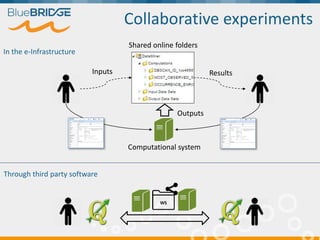 Collaborative experiments
WS
Shared online folders
Inputs
Outputs
Results
Computational system
In the e-Infrastructure
Thr...