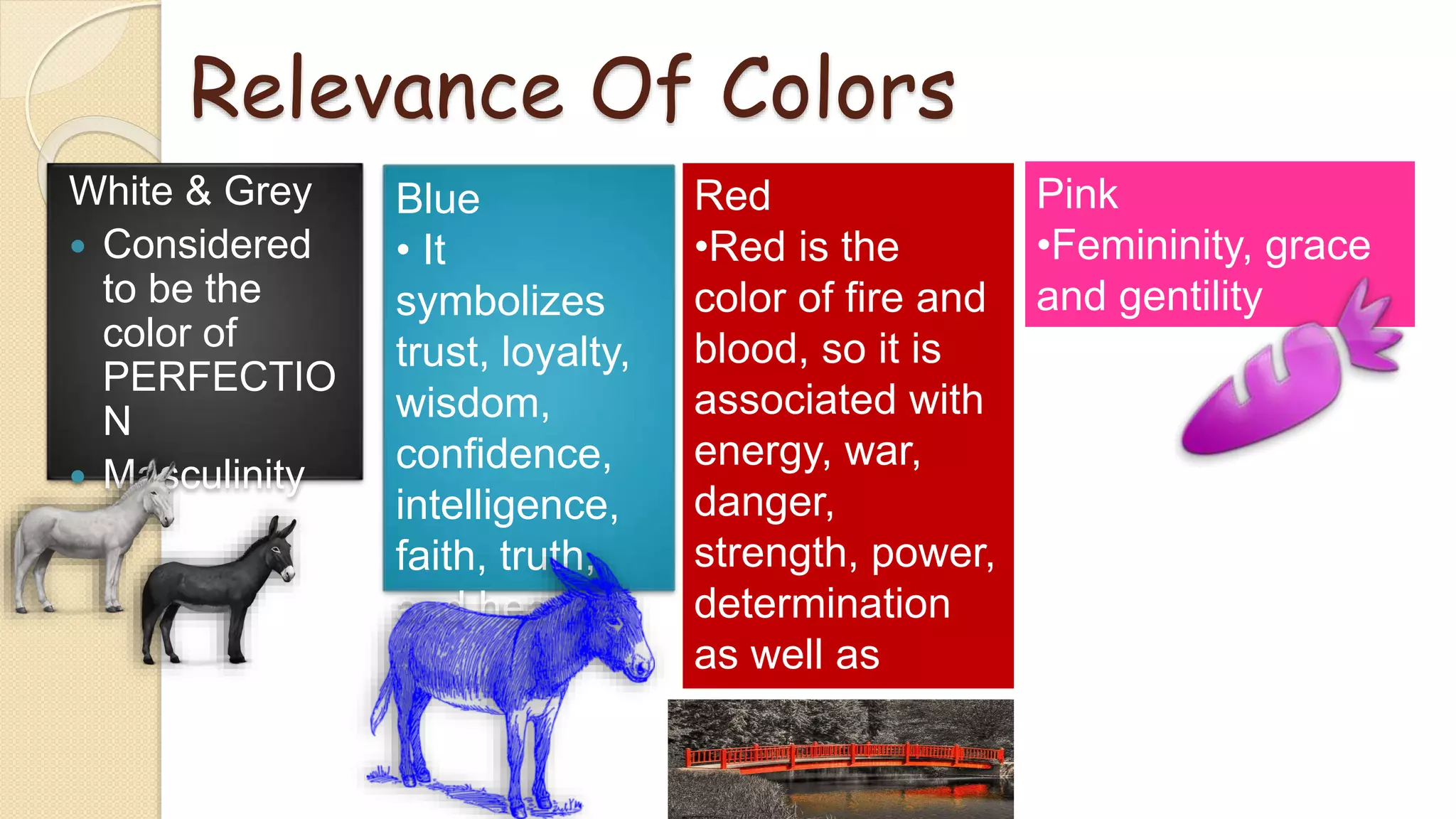 Relevance Of Colors
White & Grey
 Considered
to be the
color of
PERFECTIO
N
 Masculinity
Blue
• It
symbolizes
trust, loyalty,
wisdom,
confidence,
intelligence,
faith, truth,
and heaven.
Red
•Red is the
color of fire and
blood, so it is
associated with
energy, war,
danger,
strength, power,
determination
as well as
passion, desire,
and love.
Pink
•Femininity, grace
and gentility
 