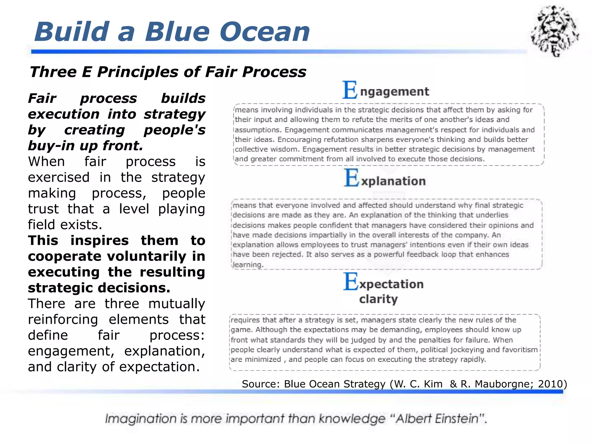 Build a Blue Ocean4 Hurdles to ExecutionThe challenge of execution exists, of course, for any strategy. Companies, like individuals, often have a tough time translating thought into action whether in red or blue oceans. They face four hurdles:A cognitive hurdle. waking employees up to the need for a strategic shift. So, why rock the boat?Limited resources. The greater the shift in strategy, the greater it is assumed are the resources needed to execute it. Motivation. How do you motivate key players to move fast and tenaciously to carry out a break from the status quo?Politics. As one manager put it, “In our organization you get shot down before you stand up.”Source: Blue Ocean Strategy (W. C. Kim  & R. Mauborgne; 2010)