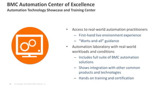 © Copyright 10/21/2014 BMC Software, Inc 
30 
•Access to real-world automation practitioners 
–First-hand live environment experience 
–“Warts-and-all” guidance 
•Automation laboratory with real-world workloads and conditions 
–Includes full suite of BMC automation solutions 
–Shows integration with other common products and technologies 
–Hands on training and certification 
BMC Automation Center of Excellence Automation Technology Showcase and Training Center  