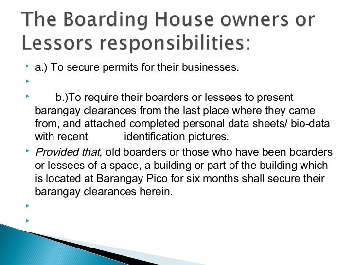 The boarding house ordinance of barangay pico
