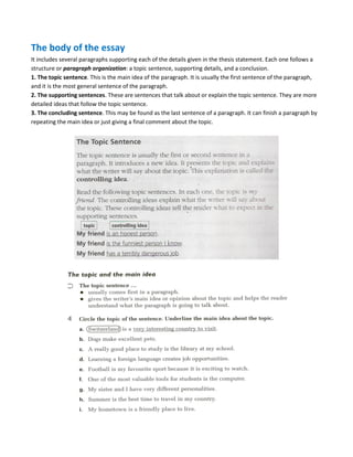 The body of the essay
It includes several paragraphs supporting each of the details given in the thesis statement. Each one follows a
structure or paragraph organization: a topic sentence, supporting details, and a conclusion.
1. The topic sentence. This is the main idea of the paragraph. It is usually the first sentence of the paragraph,
and it is the most general sentence of the paragraph.
2. The supporting sentences. These are sentences that talk about or explain the topic sentence. They are more
detailed ideas that follow the topic sentence.
3. The concluding sentence. This may be found as the last sentence of a paragraph. It can finish a paragraph by
repeating the main idea or just giving a final comment about the topic.
 