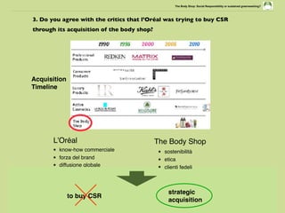 3. Do you agree with the critics that l’Oréal was trying to buy CSR
through its acquisition of the body shop?
The Body Shop: Social Responsibility or sustained greenwashing?
Acquisition
Timeline
L’Oréal
★ know-how commerciale
★ forza del brand
★ diffusione globale
The Body Shop
★ sostenibilità
★ etica
★ clienti fedeli
to buy CSR
strategic
acquisition
 