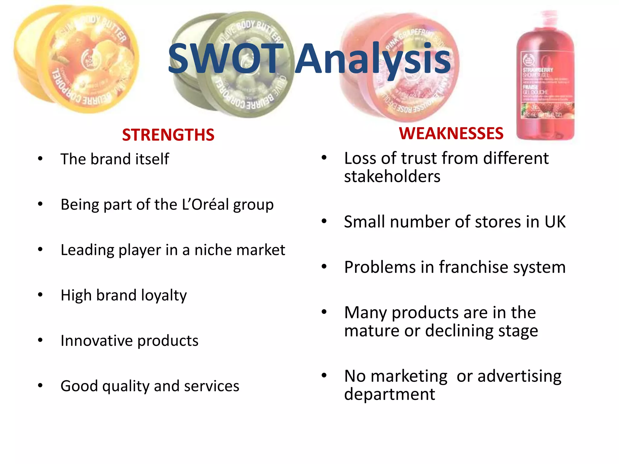 SWOT Analysis
           STRENGTHS                          WEAKNESSES
• The brand itself                   • Loss of trust from different
                                       stakeholders
• Being part of the L’Oréal group
                                     • Small number of stores in UK
• Leading player in a niche market
                                     • Problems in franchise system
• High brand loyalty
                                     • Many products are in the
                                       mature or declining stage
• Innovative products

                                     • No marketing or advertising
• Good quality and services
                                       department
 