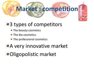 Market : competition

3 types of competitors
 The beauty cosmetics
 The bio cosmetics
 The professional cosmetics

A very innovative market
Oligopolistic market
 