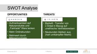 SWOT Analyse
OPPORTUNITIES
• Aufmerksamkeit auf
Naturprodukte und
„Fairtrade" Ware lenken
• Mehr Onlinekunden
• Mehrwert durch
Männerprodukte
THREATS
• Badwill - Transfer von
L'Oréal in Bezug auf
unethische Vertriebsweisen
• Neukunden bleiben aus
(hart umkämpfter Markt)
E-Business SS13 17/05/2013
C H A N C E N R I S I K E N
 