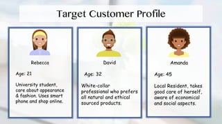 Rebecca
Age: 21
University student,
care about appearance
& fashion. Uses smart
phone and shop online.
Amanda
Age: 45
Local Resident, takes
good care of herself,
aware of economical
and social aspects.
David
Age: 32
White-collar
professional who prefers
all natural and ethical
sourced products.
 