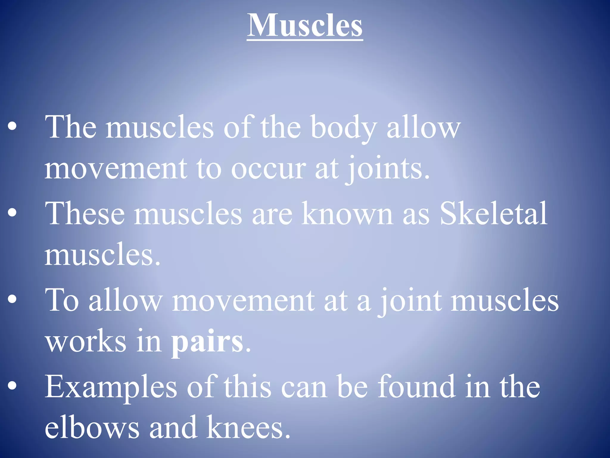 Muscles
• The muscles of the body allow
movement to occur at joints.
• These muscles are known as Skeletal
muscles.
• To allow movement at a joint muscles
works in pairs.
• Examples of this can be found in the
elbows and knees.
 