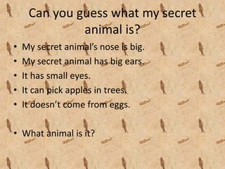 Can you guess what my secret 
              animal is?
•   My secret animal’s nose is big.
•   My secret animal has big ears.
•   It has small eyes.
•   It can pick apples in trees.
•   It doesn’t come from eggs.

• What animal is it?
 