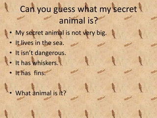 Can you guess what my secret 
              animal is?
•   My secret animal is not very big.
•   It lives in the sea.
•   It isn’t dangerous.
•   It has whiskers.
•   It has  fins.

• What animal is it?
 