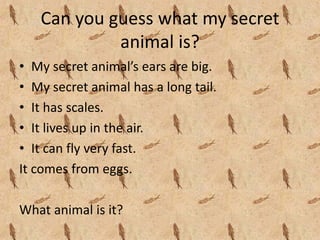 Can you guess what my secret 
            animal is?
• My secret animal’s ears are big.
• My secret animal has a long tail.
• It has scales.
• It lives up in the air.
• It can fly very fast.
It comes from eggs.

What animal is it?
 