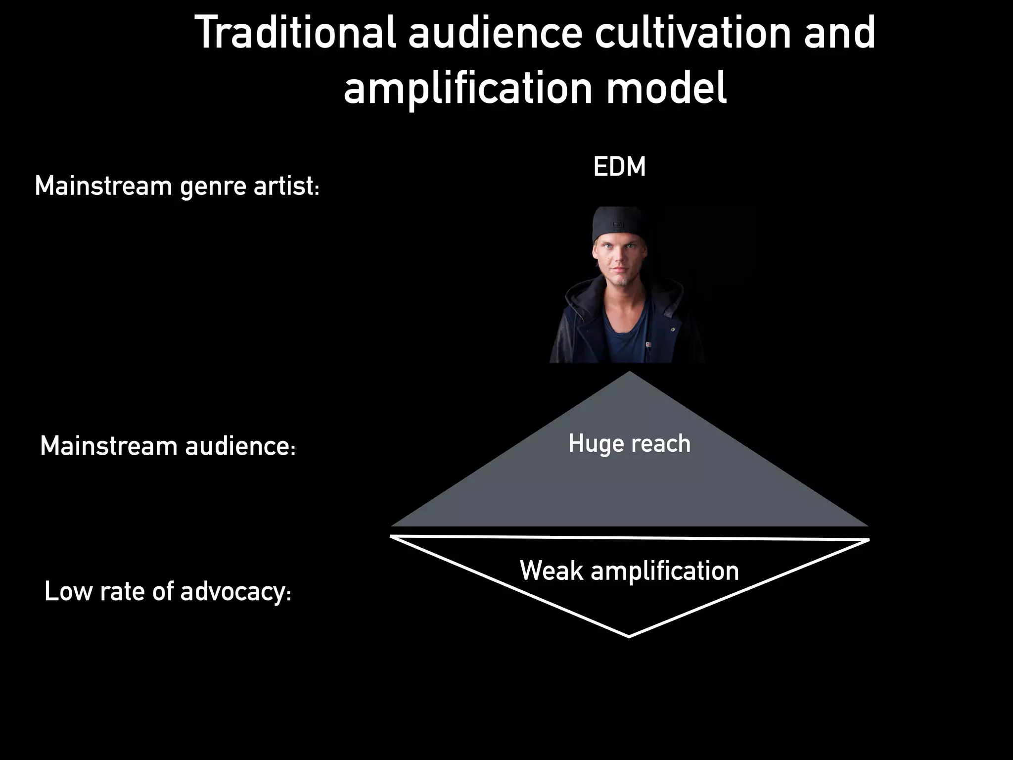 Traditional audience cultivation and 
amplification model 
Huge reach 
Weak amplification 
Mainstream genre artist: 
EDM 
Mainstream audience: 
Low rate of advocacy: 
 