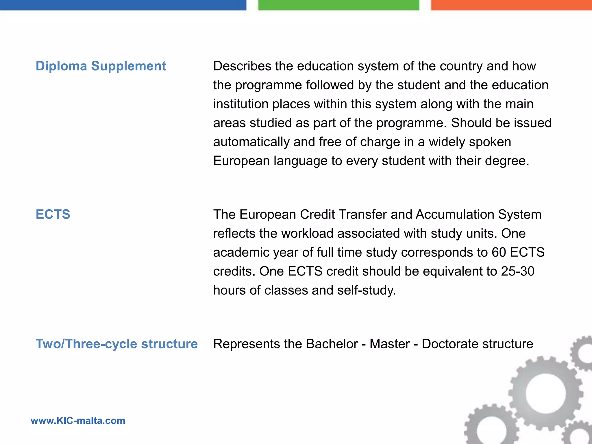 Diploma Supplement          Describes the education system of the country and how
                            the programme followed by the student and the education
                            institution places within this system along with the main
                            areas studied as part of the programme. Should be issued
                            automatically and free of charge in a widely spoken
                            European language to every student with their degree.



ECTS                        The European Credit Transfer and Accumulation System
                            reflects the workload associated with study units. One
                            academic year of full time study corresponds to 60 ECTS
                            credits. One ECTS credit should be equivalent to 25-30
                            hours of classes and self-study.



Two/Three-cycle structure   Represents the Bachelor - Master - Doctorate structure




www.KIC-malta.com
 