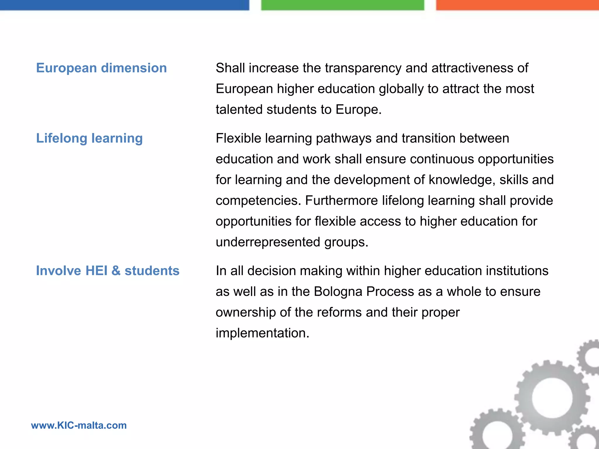European dimension       Shall increase the transparency and attractiveness of
                         European higher education globally to attract the most
                         talented students to Europe.

Lifelong learning        Flexible learning pathways and transition between
                         education and work shall ensure continuous opportunities
                         for learning and the development of knowledge, skills and
                         competencies. Furthermore lifelong learning shall provide
                         opportunities for flexible access to higher education for
                         underrepresented groups.

Involve HEI & students   In all decision making within higher education institutions
                         as well as in the Bologna Process as a whole to ensure
                         ownership of the reforms and their proper
                         implementation.




www.KIC-malta.com
 
