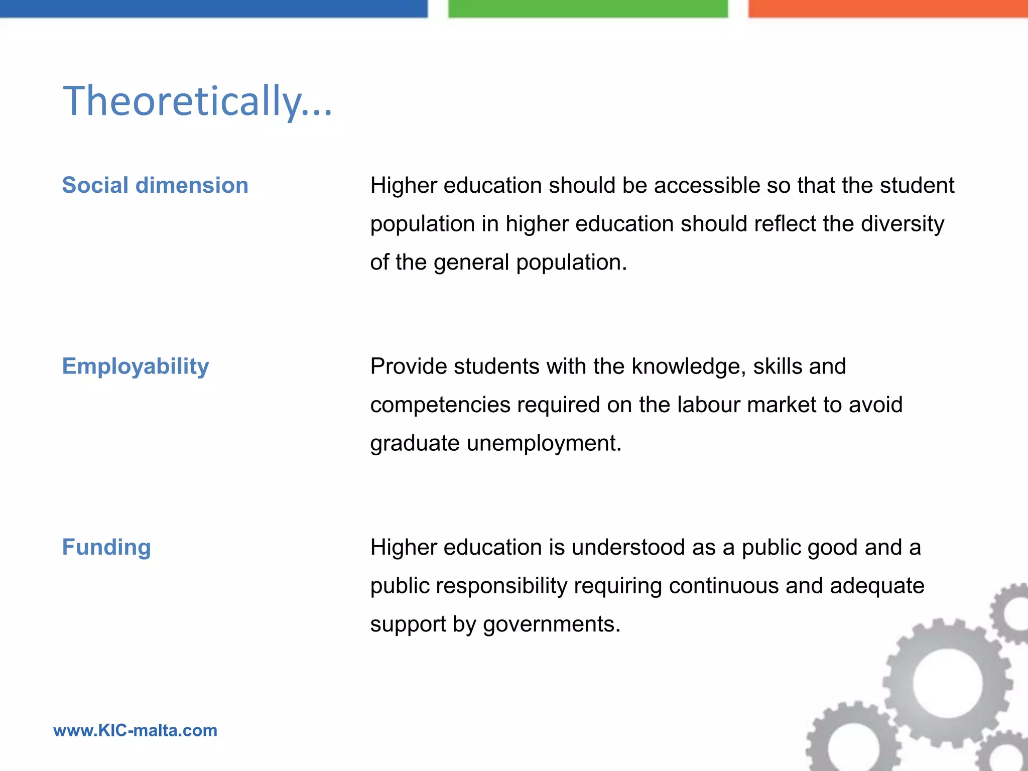Theoretically...
Social dimension    Higher education should be accessible so that the student
                    population in higher education should reflect the diversity
                    of the general population.



Employability       Provide students with the knowledge, skills and
                    competencies required on the labour market to avoid
                    graduate unemployment.



Funding             Higher education is understood as a public good and a
                    public responsibility requiring continuous and adequate
                    support by governments.



www.KIC-malta.com
 
