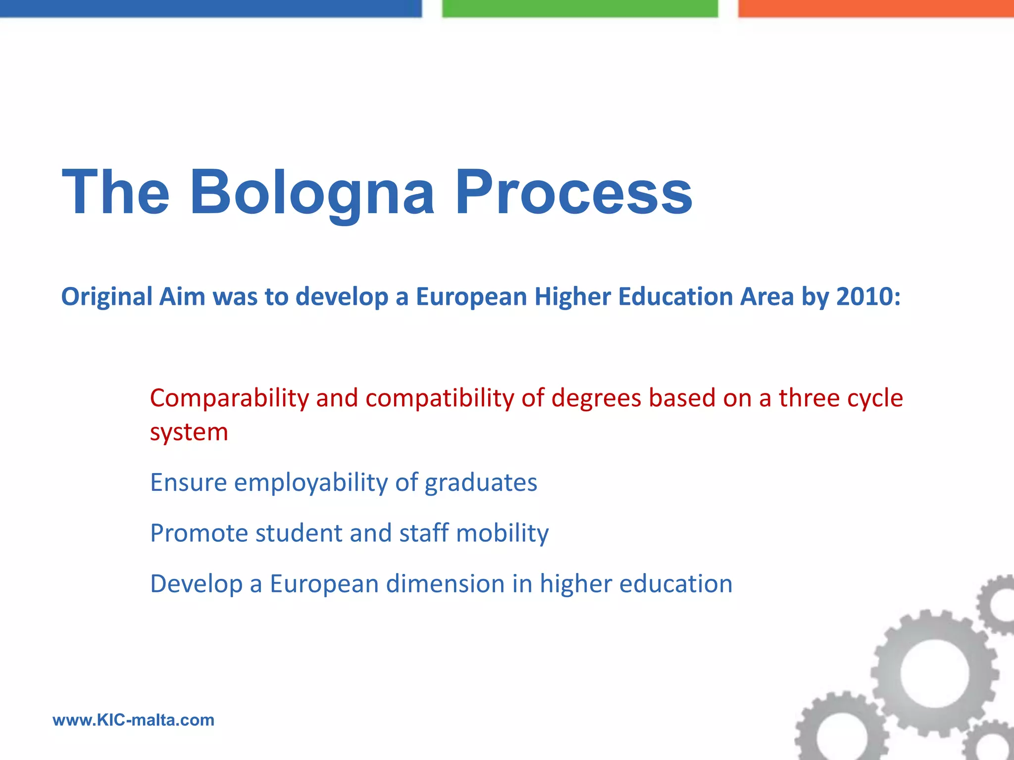 The Bologna Process
Original Aim was to develop a European Higher Education Area by 2010:


        Comparability and compatibility of degrees based on a three cycle
         system
        Ensure employability of graduates
        Promote student and staff mobility
        Develop a European dimension in higher education



www.KIC-malta.com
 